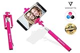 VESSATTA © Selfie Stick for iPhone & Samsung Smart Phones - Requires no charge, strudy with photo button on handle (extends 3.5 feet) Compact folding size - Multiple Colors (Pink)
