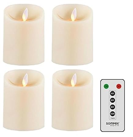 4er Set Sompex Flame LED Kunststoff-Kerze 7,5x10cm elfenbein mit Fernbedienung, 36100, Adventskranz-Set