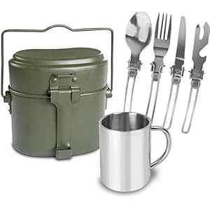 Outdoor Essgeschirr-Set bestehend aus Edelstahl Besteck, Tasse und BW Kochgeschirr Farbe Oliv