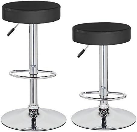 Anji Swivel Adjustable Backless Counter Height Leather Bar Stools Set of 2 with Round Seat and Chrome Base Black