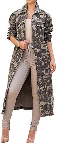 Dazosue Women Long Jacket Camo Print Button Down Lapel Fashion Coat