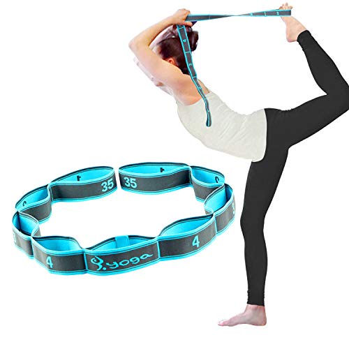 SONGSU Elastic Stretch Strap, Stretching Out Strap for Physical Therapy with 8 Loops, Yoga, Dance and Pilates, Gymnastics, Hamstring Strength Training – Blue
