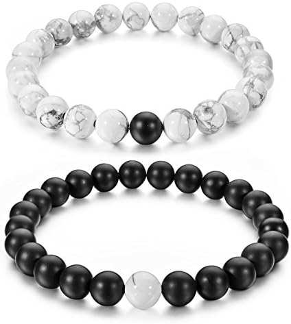 JEWMAY Couples His and Hers Bracelet Black Matte Agate & White Howlite 8mm Beads by Long Way 7.1"&7.5"