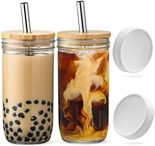 NETANY Glass Cups Set - 24oz Mason Jar Drinking Glasses w Bamboo Lids &  Straws & 2 Airtight Lids - Cute Reusable Bottle, Iced Coffee Glasses,  Travel Tumbler for Bubble Tea, smoothie,