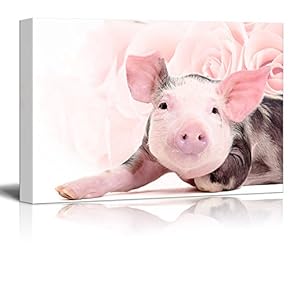 Canvas Print Wall Art - Little Pink Pig on Floral Background - Gallery Wrap Modern Home Art | Ready to Hang - 12x18 inches