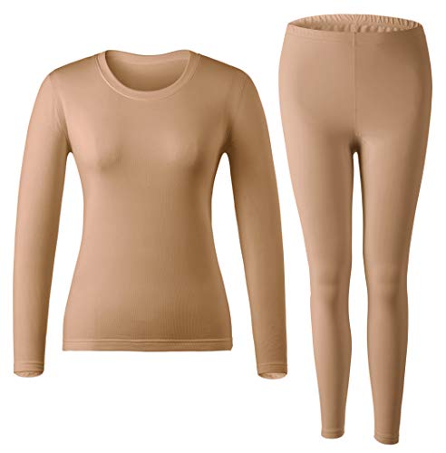 MOLLDAN Women's Long Johns Baselayer Thermal Underwear Tops & Bottom Set with Fleece Lined(L,Nude)