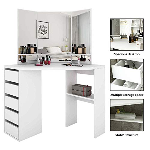 BURENMTO Corner Vanity Table with TriFolding Mirror, Makeup Vanity