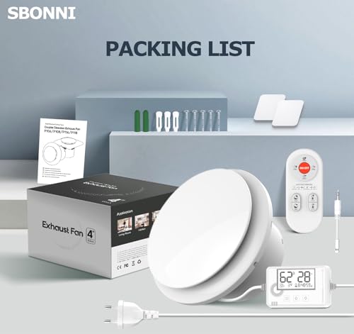 SBONNI 3 Levels Bathroom Fan with Humidity Sensor Temperature Sensor Timer, Bathroom Fan 100 mm with Remote Control, Real Time Display Humidity and Temperature, Powerful Quiet Extractor Fan P109