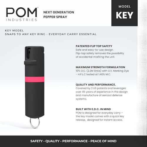 POM Premium Pepper Spray Keychain, Quick Release Access Flip Top Safety, Police Grade OC Formula with UV Marking Dye, 25 Precision Bursts, 10 Foot Effective Range, Made in USA