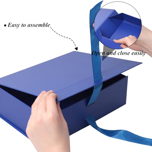 Shindel Magnetic Closure Lid Gift Box, Blue Luxury Gift Box Closure Collapsible Gift Box with Ribbon Card Envelope for Anniversary Gift