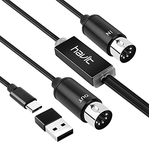 MIDI Cable, Havit MIDI to USB/USB C Interface Converter, 5 Pin MIDI inOut Cable with TypeC to