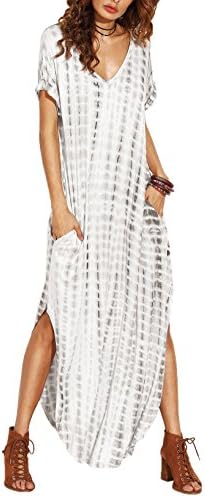 Verochic Women's Boho Casual Maxi Short Sleeve Split Tie Dye Long Dress (Black, Medium)