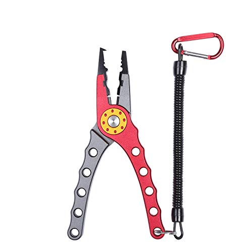 Entsport Saltwater Fishing Pliers with Aluminum Handles and Stainless Steel Jaws Multi Function Fishing Pliers with Sheath Lanyard Braided Fishing Line Cutters Fish Hook Removal Tool (Red&Silver)