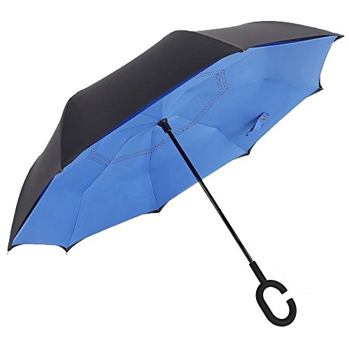 Windproof / Uv Protection Umbrella, Reverse Folding Inverted Umbrella, with C-shaped Hands Free Handle, Best for Travelling and Car Use(Blue)