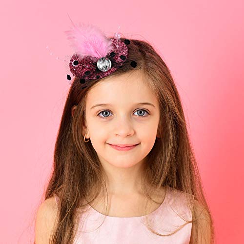 12 Pieces Mini Hat Hair Clip Shining Fascinator Party Hats with Faux Feather Mesh Bow Hairpin for Girls Toddler Costume Accessory, 6 Colors