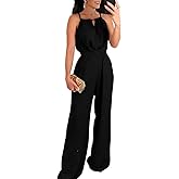 CHICME Women's Sexy Halter Jumpsuits Sleeveless Casual Ruched Rompers Wide Leg Jumpsuit