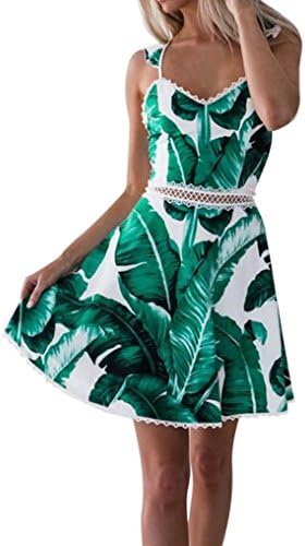Backless Mini Dresses for Women Lace Leaves Printing Sleeveless Princess Dress (XXL, Green)