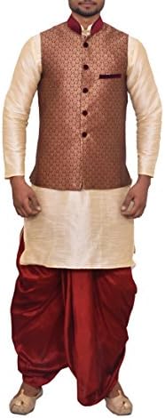 Uri and MacKenzie Men's Dupion Maroon Dhoti Golden Kurta with Jacket or Waistcoat Set UNM-123-RAE