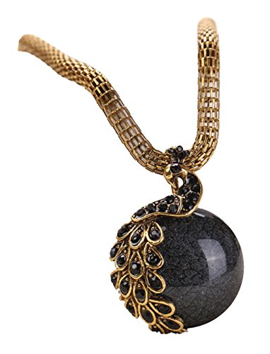 Desklets Women Retro Craft Antique Peacock Tail Single Marbles Pendant Necklace(Black)