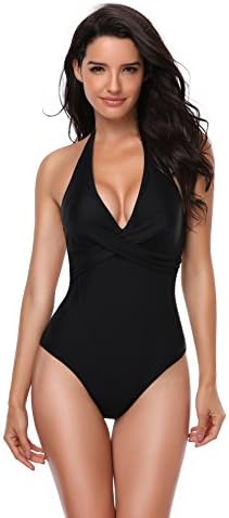 Women's One Piece Swimsuit Crisscross Halter Monokini Swimwear (S, Black)