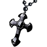 Crystal black Obsidian cross necklace Amulet pendant with adjustable bead chain for women or men
