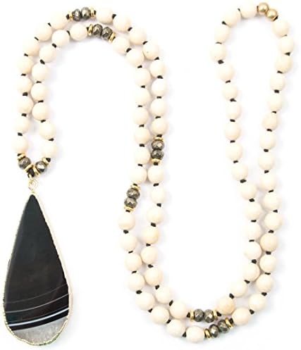 Black and White Agate Pendant Necklace with Fossil Stone and Pyrite - 33 Inches Long Hand-Knotted Necklace by Miller Mae Designs