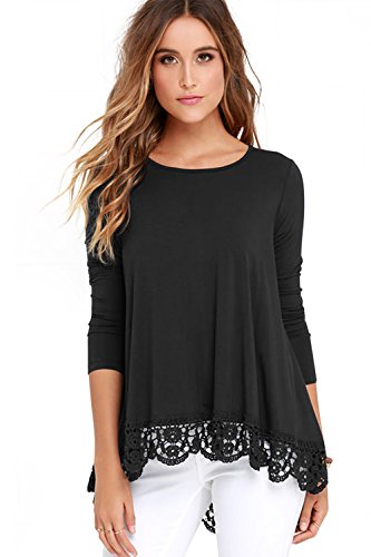 FISOUL Women's Tops Long Sleeve Lace Trim O-Neck A-Line Tunic Tops Small Black