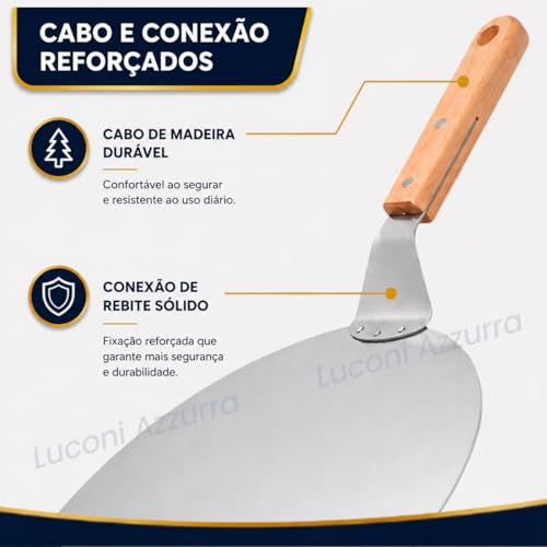 Pá de Pizza Redonda em Aço Inoxidável, 31cm, com Cabo de Madeira, para Pizza, Pães e Massas