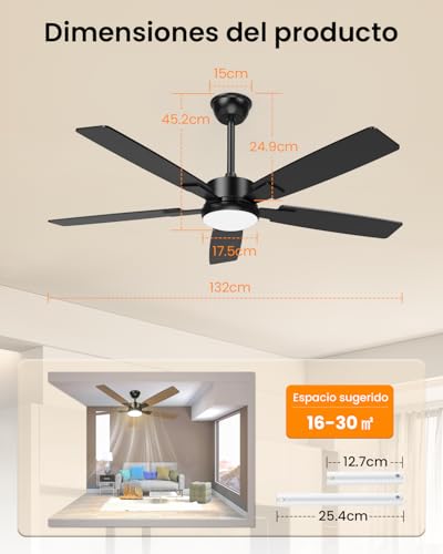 Airwit Ventilador de Techo 52 Pulgadas, Abanicos de Techo de 5 Aspas con Luz y Control Remoto, Motor Silencioso Reversible, Negro