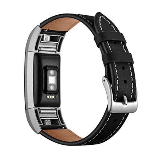 MoreToys Genuine Leather Adjustable Replacement Accessory Sport Watch Band Wrist Strap Bracelet for Fitbit Charge 2 Fitness Wristband (Black)