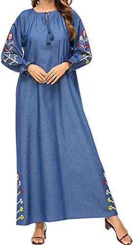 Qianliniuinc Muslim Plus Size Islamic Clothing- Women Cocktail Long Sleeve Maxi Dress Denim Kaftan Pakistan Embroidery Robe