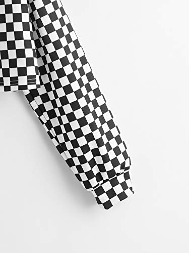 WDIRARA Women\'s Checkered Long Sleeve Drawstring Crop Hooded Sweatshirt Black and White S