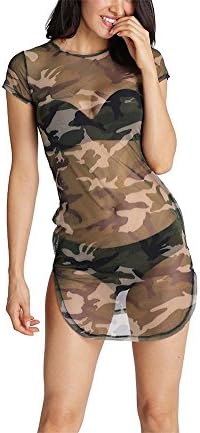 Rainnielove Womens Sexy Mesh Club Dress Short Sleeve See Through Sheer T Shirt Dress L Geen