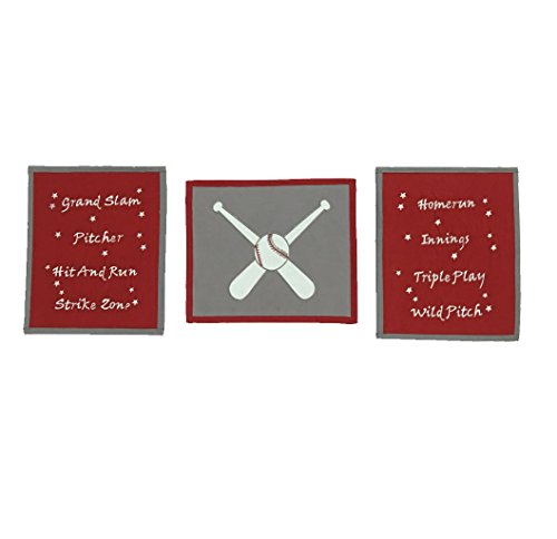 Bacati 3 Piece Baseball Wall Hangings, Red/Grey