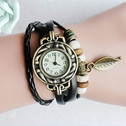 LiPing Brown Retro Weave Wrap Lady Bead Leaf Dangle Bracelet Bangle Quartz Clock Watch (Black) - Thumbnail 2