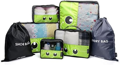 Packing Cube System 7 Piece Mesh Luggage Organizer Laundry Shoe Bag for Travel (Greenery)