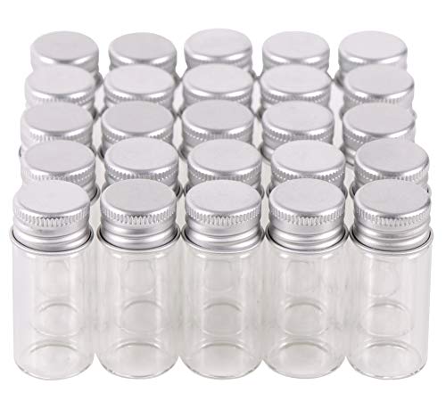 MaxMau 100 Glass Vials 10 Milliliter Small Mini Bottles Clear Empty Jars with Aluminum Top Screw Lids Message Sample Bottle Wedding Favors Decorations DIY Jewelry Accessories Liquid Hold Storage