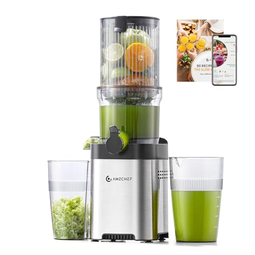 AMZCHEF Entsafter - Slow Juicer mit 120MM Breite und Größere Einfüllschacht für Ganze Gemüse und Obst - Leicht zu Reinigender Entsafter mit 2 Gläsern