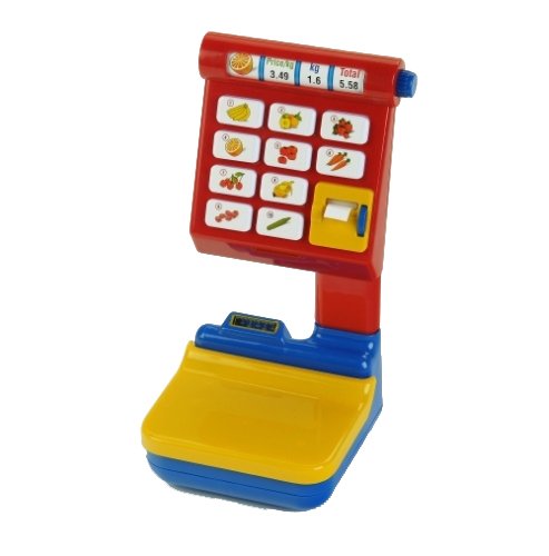 Theo Klein 9315 Obst und Gemüsewaage I Batteriebetriebene Spielwaage mit leuchtendem Messbalken I Wiegeablage sinkt beim Wiegen EIN I Maße: 14,5 cm x 15 cm x 29 cm