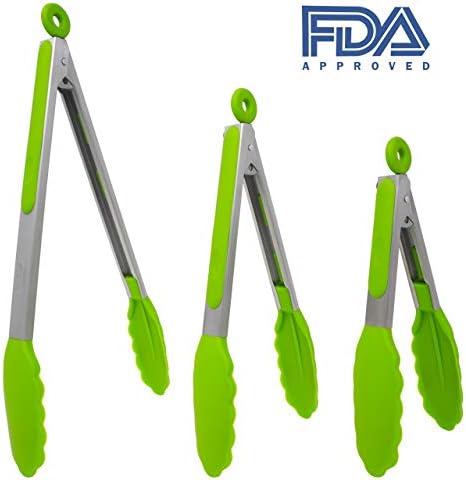 JANEM Set Of 3-7, 9, 12 Inch Stainless Steel Kitchen Tongs With Silicone Tips, Heavy Duty, Non- Stick, BBQ Turners, Heat Resistant Up to 480F (Green)