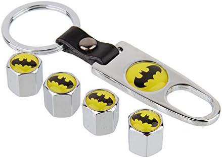 eXeAuto Silver Tire Valve Stem Air Caps Cover and Keychain Combo Set for Batman