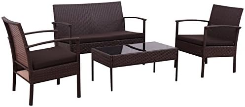 4 PCS Rattan Brown Wicker Sofa Set Chair Coffee Table Outdoor Patio Garden Deck Backyard Yard Porches Cushioned Comfortable Seat Pool Side Furniture Strong Steel Frame