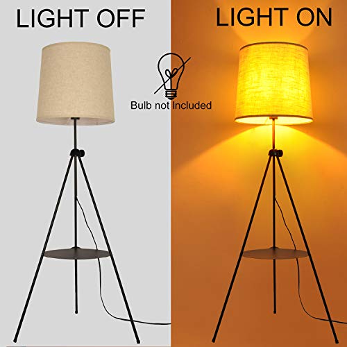 LUSTORM 1 Tripod Floor Lamp Black with Shelves Beige Linen Lampshade