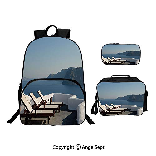 Hot Sale School Backpack For Girls 3 pcs per set,Sunlounger at Terrace in torini Greece Resort Relaxation Aegean Light Blue White Brown,With Lunch Box Pencil Bag Very Convinent