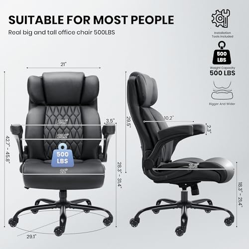 500lbs Big and Tall Office Chair Adjustable Lumbar Support for Back Pain, Extra Wide Seat Executive Office Chair Thick Armrest Pad, Heavy Duty Base Ergonomic Computer Desk Chair