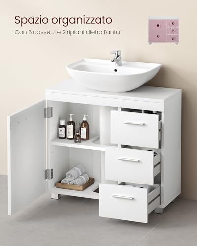 Mobile Sottolavabo per Bagno, Mobiletto da Bagno, 3 Cassetti Laterali, 2 Scomparti dietro l'Anta, per Lavabi con Colonna, con Piedini, 30 x 70 x 64 cm, Bianco Nuvola BBK504W01