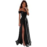 IIF Satin Bridesmaid Dresses Off Shoulder Spaghetti Strap Long Ruched A Line Formal Prom Dress with Slit IIF006