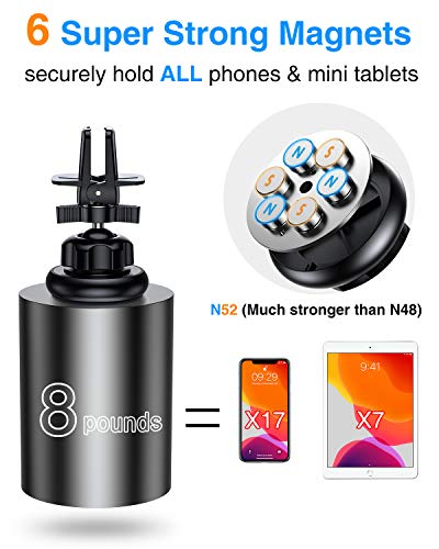 VANMASS Magnetic Phone Car Mount with 6 Powerful Rare-earth Magnets, Durable Aluminium Alloy Structure, Super Sticky Suction Cup, Cell Phone Holder for Car Dashboard Windshield Air Vent, for All Phone