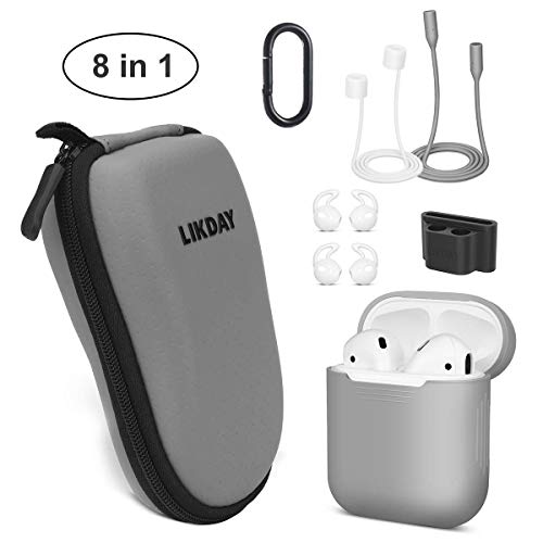Airpods Case,Airpods Accessories Set, Likday 8 in 1 Silicone Case Cover Set for Airpods 2 &1 with (Holder, Earhooks, Earphone Case, Strap,EVA Hard Shell Box, Carabiner) (Gray Box & Gray Case)