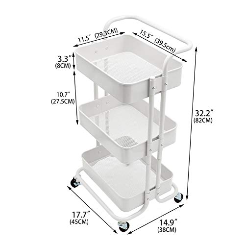 3-Tier Metal Storage Rolling Cart with Utility Mesh Basket Handle and Wheels, Multifunction Heavy Duty Large Shelves, Mobile Organizer Service Trolley for Office, Kitchen, Bedroom, Bathroom (White)